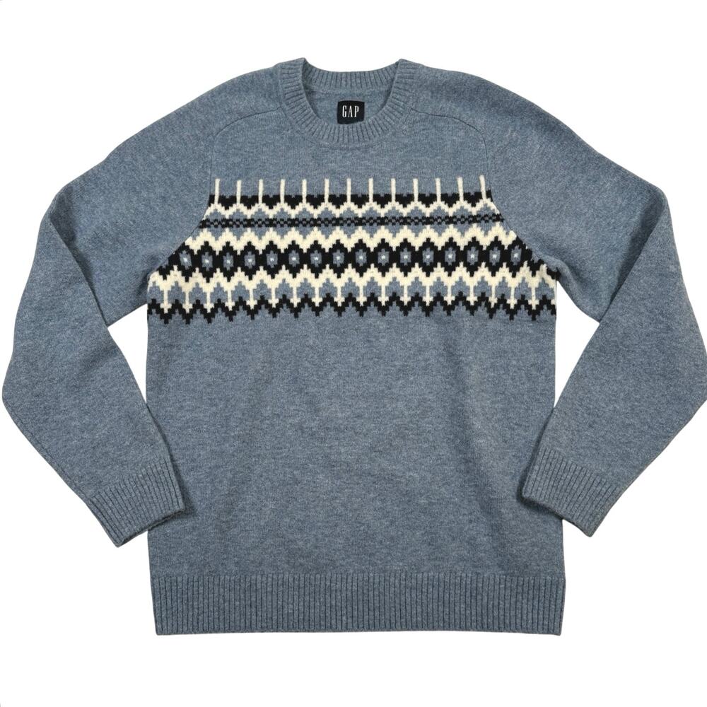 Gap Mens Medium Blue Fair Isle Nordic Crewneck Sweater Wool Blend Pullover